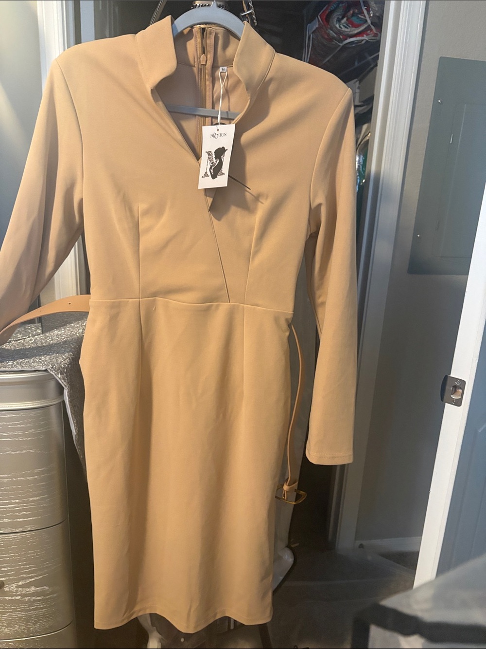 Long-Sleeve Camel Belted Sheath Dress